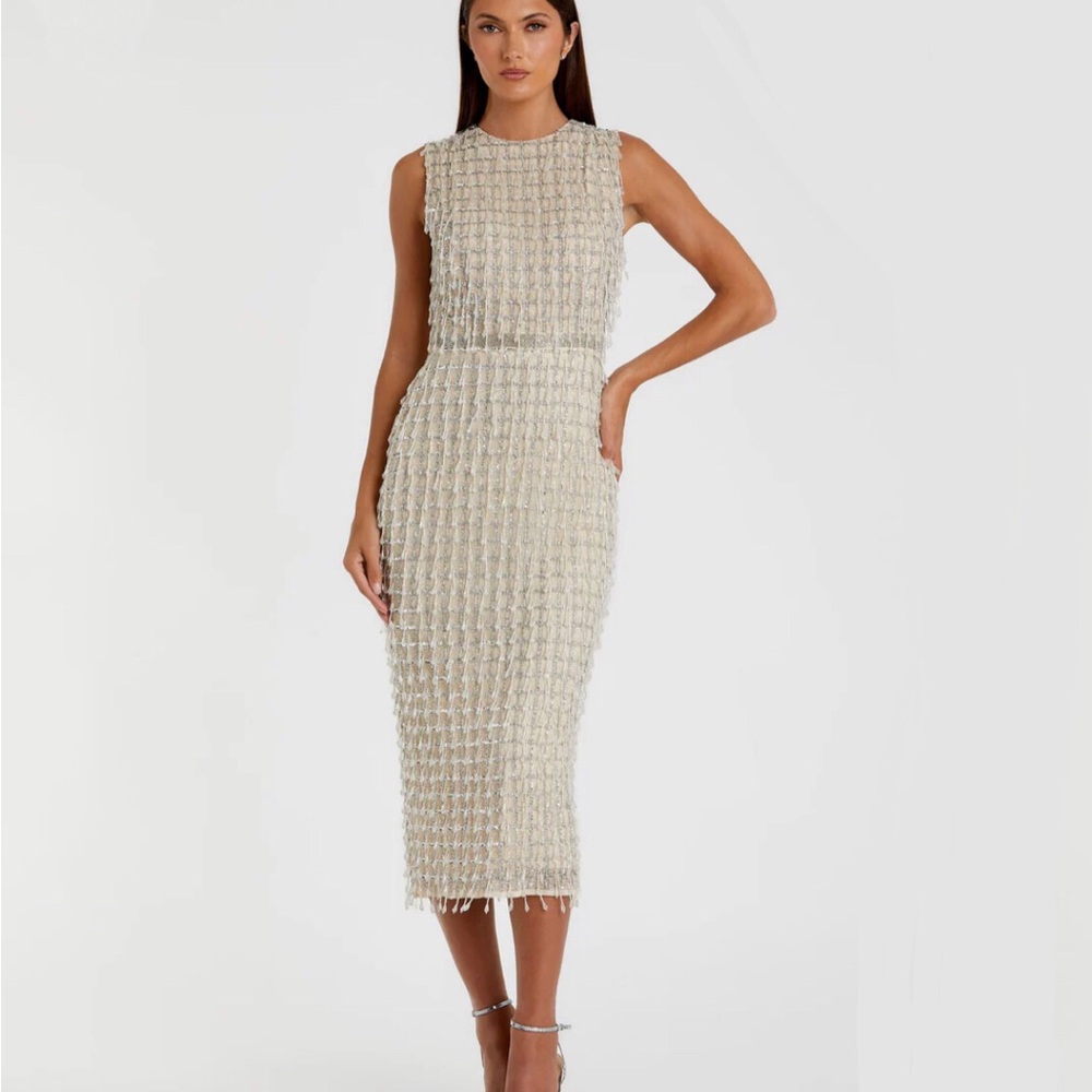 Mac Duggar Sleeveless High Neck Beaded Midi Sheath Dress